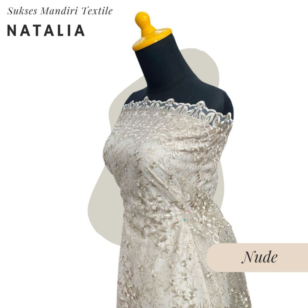 [NATALIA] Brokat Brukat Tile Motif Bunga Payet Premium Mewah Warna Nude dan Ice Blue | Harga ½ meter