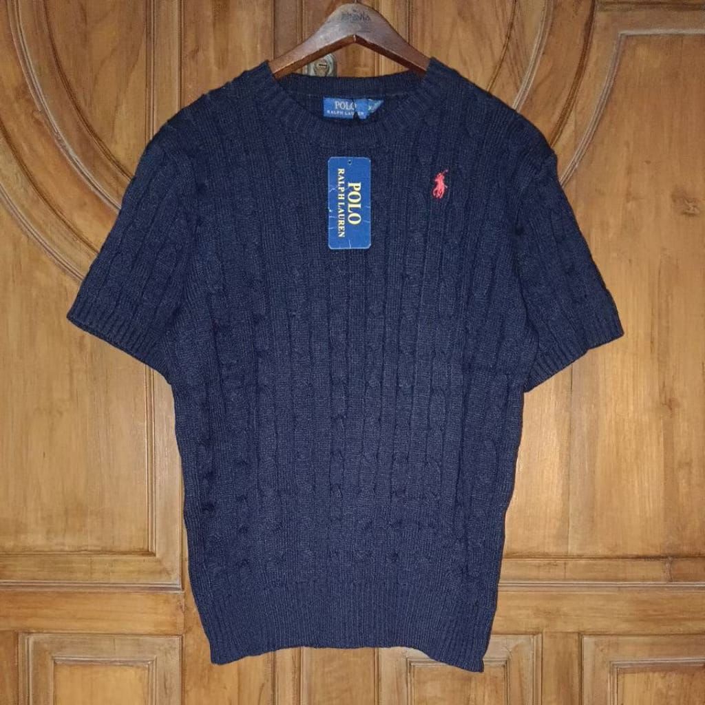NEW RALPH LAUREN Sweater Knit Lengan Pendek Wanita Blue Black Cable Bigsize LD 100+