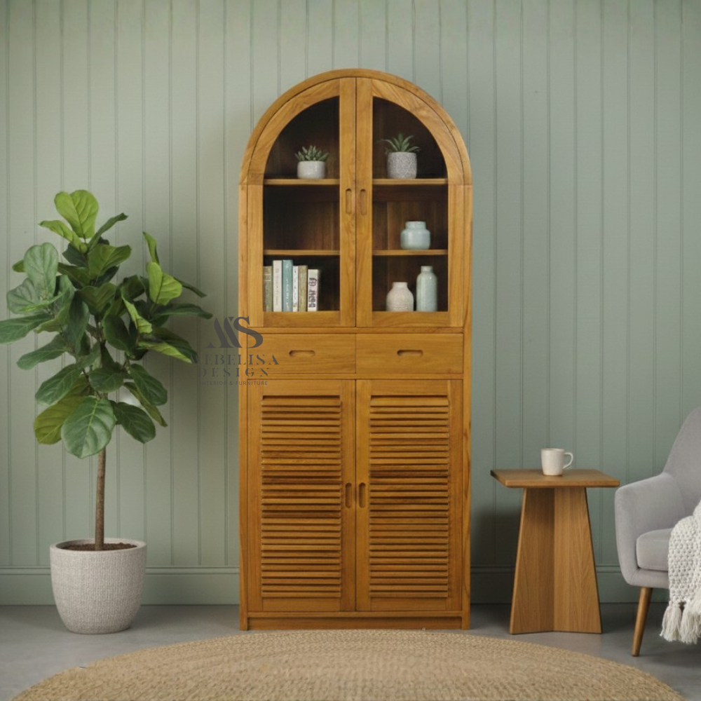 Lemari Display Kayu Jati dengan Pintu Kaca & Jalusi