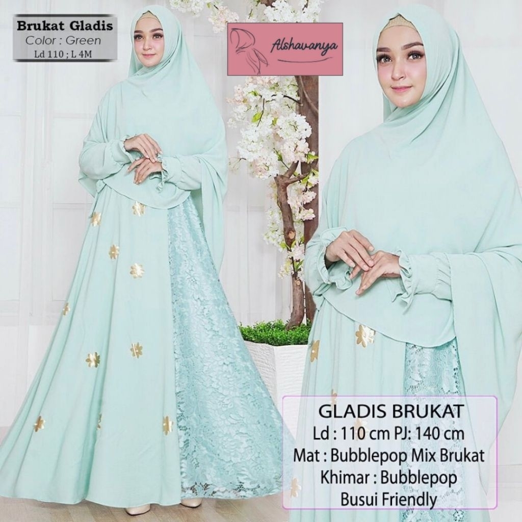 Gladis Brukat Syar'i by Alshavanya Gamis Syar'i Premium Set Hijab Gamis Lebaran Gamis Mint Gamis Sag