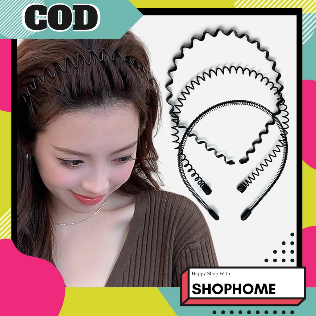 SHOPHOME Bando Kawat Unisex Pria Wanita Korea Hitam Polos Gelombang Sirkam ZigZag Anti Pusing BND20