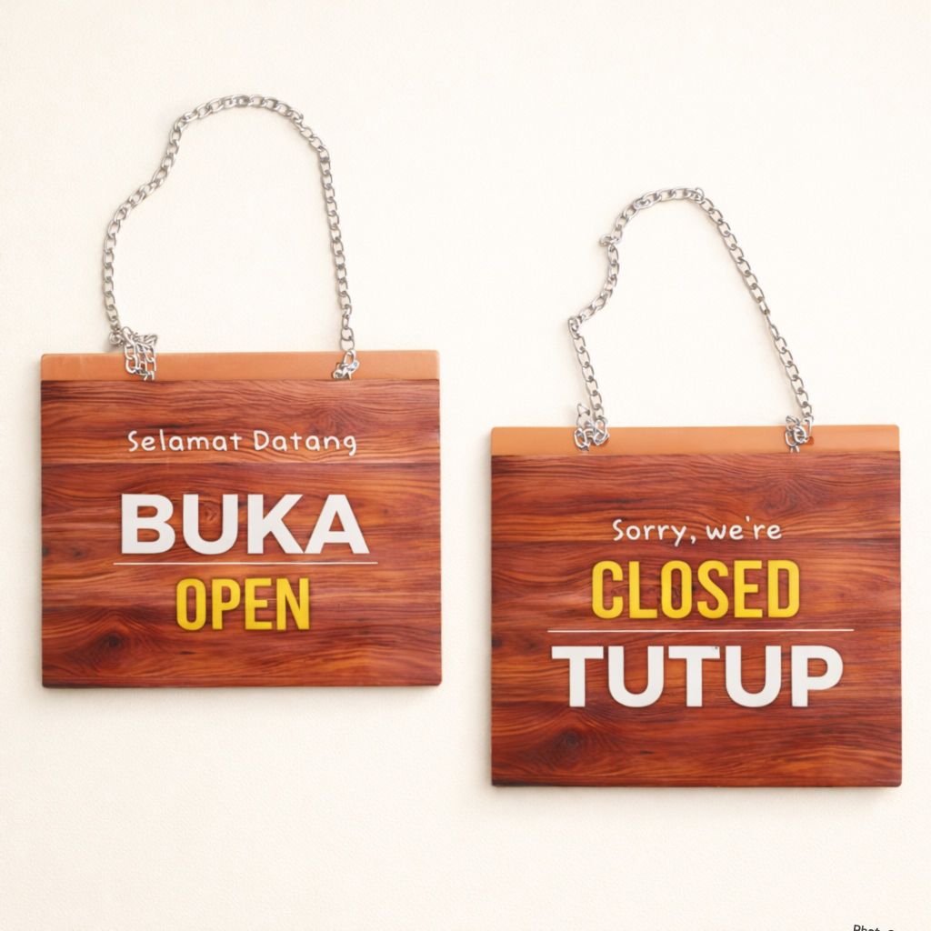 Papan Akrilik Gantung BUKA (OPEN) - CLOSED (TUTUP), Papan Gantung Rantai, Papan Akrilik Dua Muka