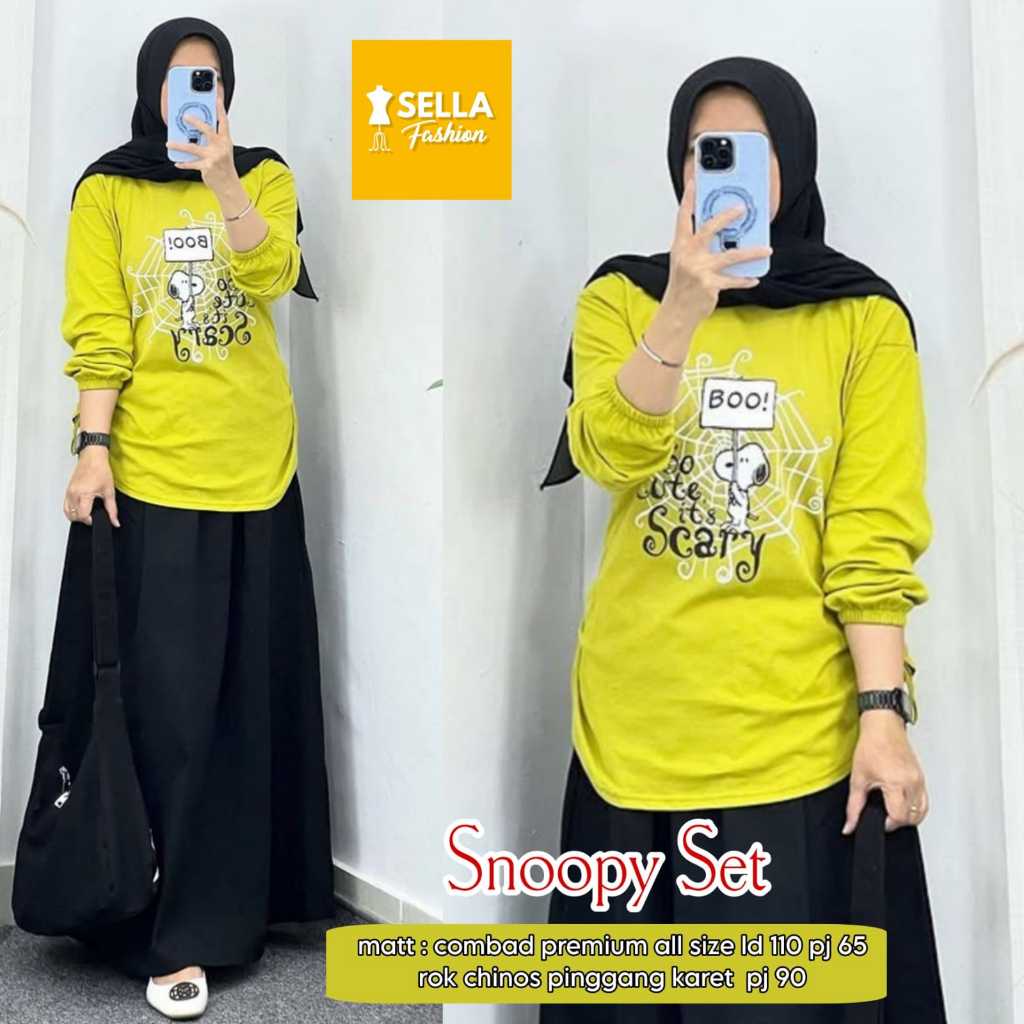 SNOOPY SET WANITA KAOS LENGAN SERUT LD 110 MOTIF TERBARU SETELAN ROK PANJANG WANITA SIZE XL