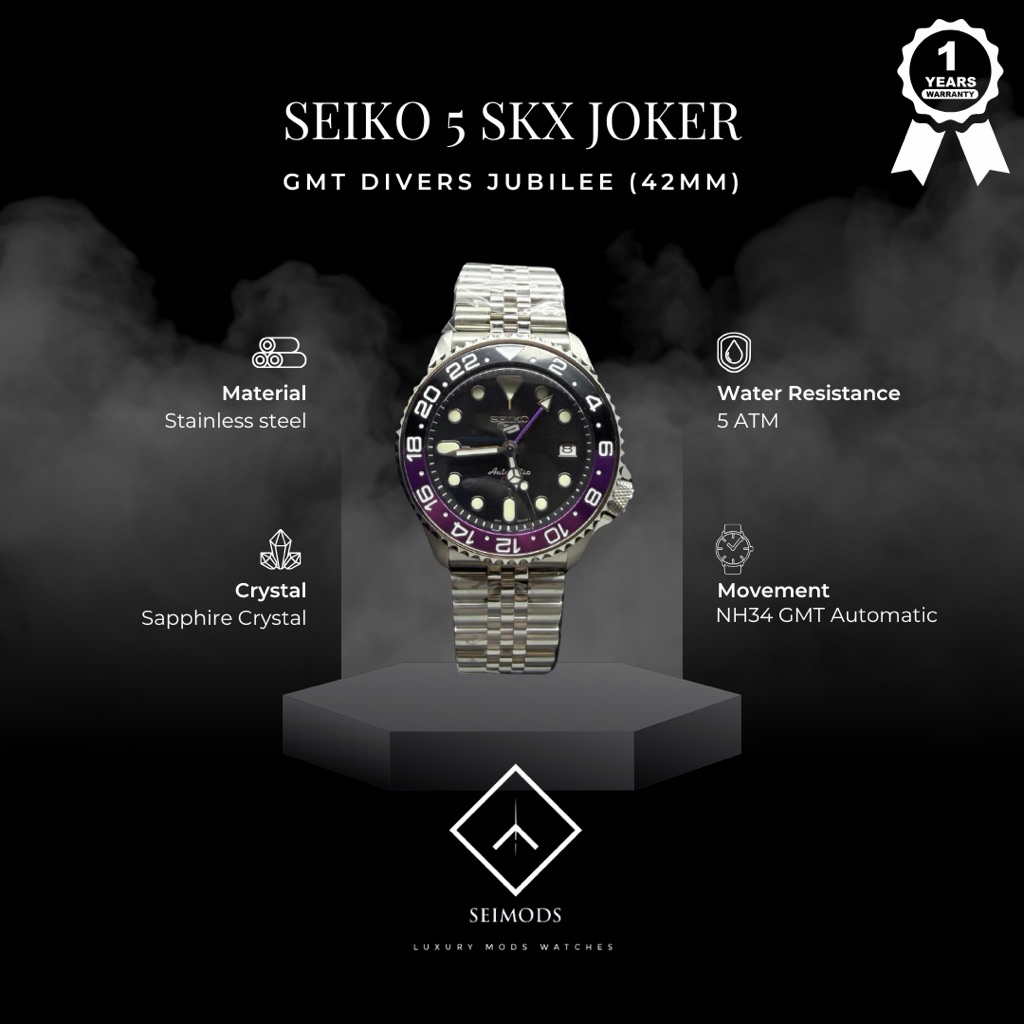 Jam Tangan Seiko Mod SKX GMT Joker 5 Sport Jubilee NH34 Automatic Watch