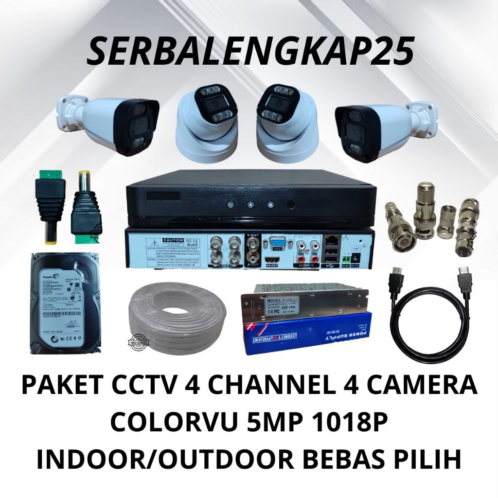 PAKET CCTV 4 CHANNEL 4 CAMERA LENS 5MP 1080P FULL COLOR . PAKET LENGKAP 4CH 4 CAMERA LENSA 5MP 1080P