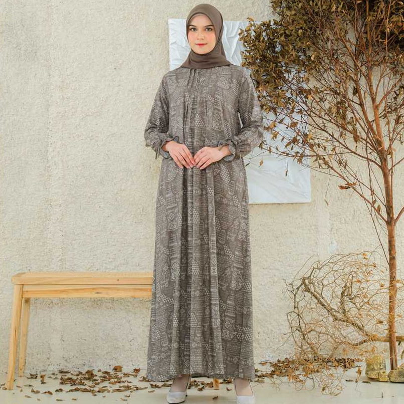 RILLEY - Gamis Wanita Calmira | Gamis Wanita Motif Bahan Adem | Gamis Bahan Rayon Slub