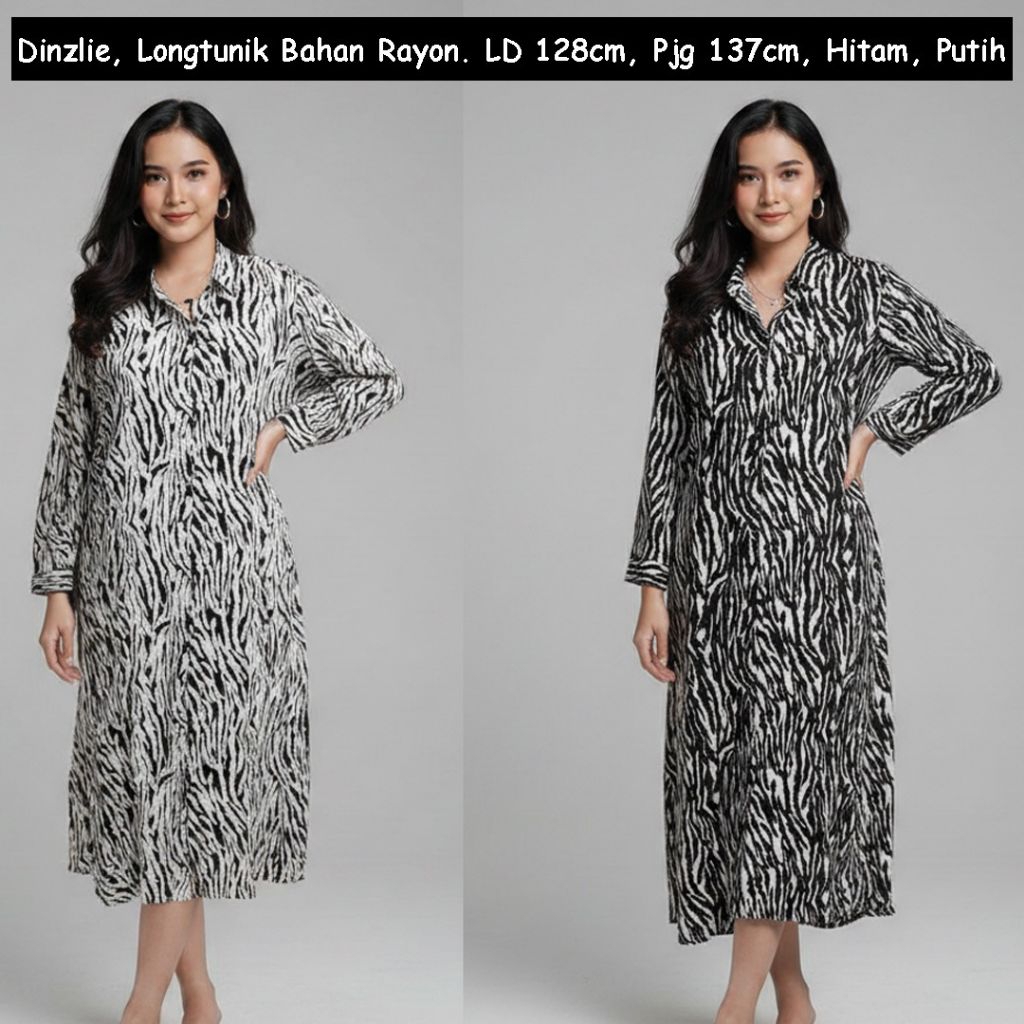 Long Tunik Wanita Dinzlie Motif Hitam Putih Bahan Rayon LD 128cm Panjang 137cm
