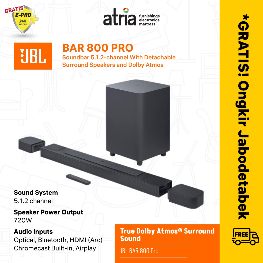 JBL Soundbar Bar 800 PRO 5.1.2 Channel True 3D Surround Sound Dolby Atmos