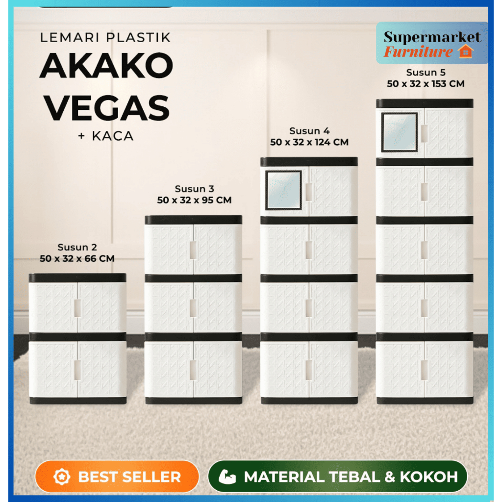 AKAKO Vegas Lemari Plastik Tanpa Kaca + Kaca | Lemari Susun Serbaguna Tebal & Kokoh | Rak Penyimpana