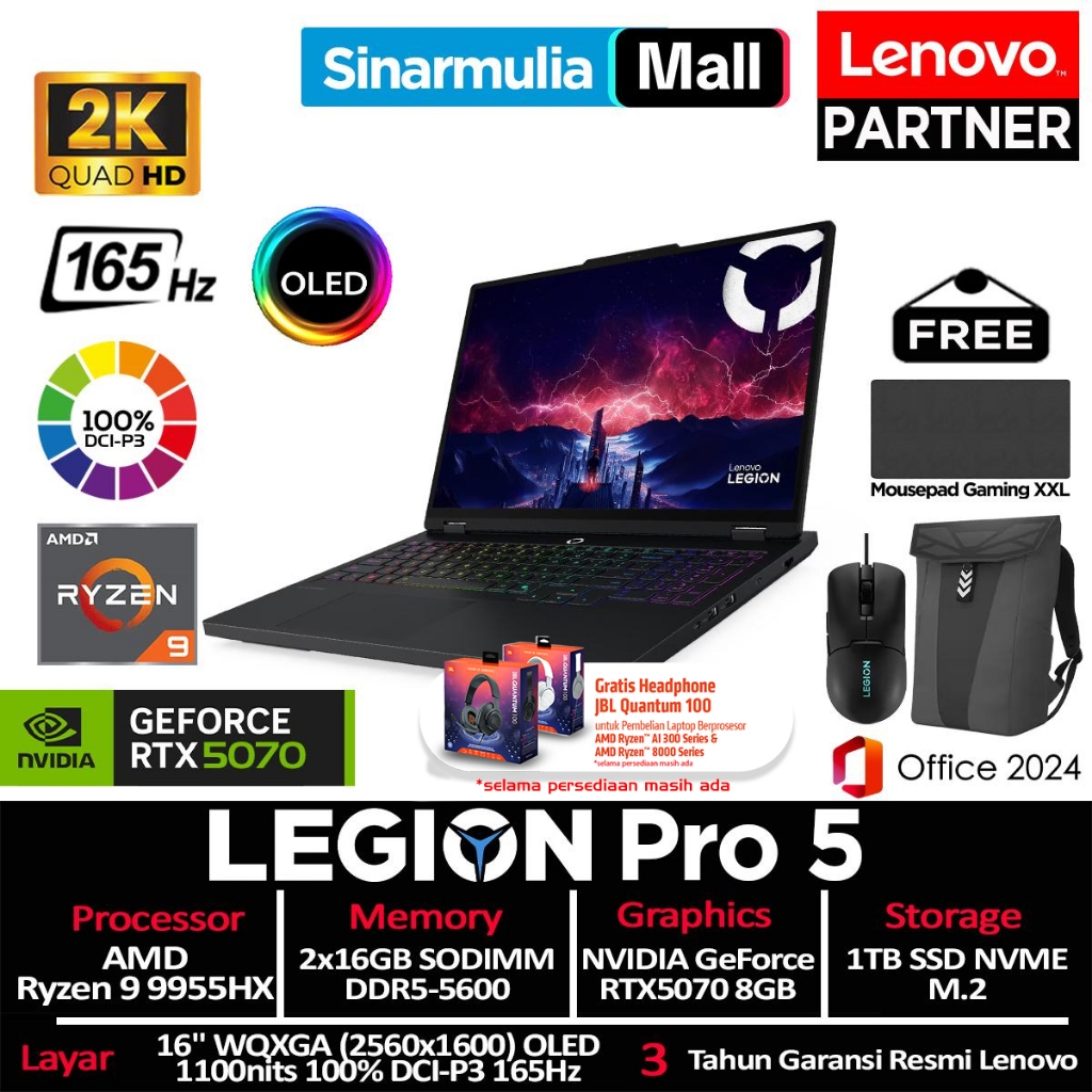 Lenovo Legion Pro 5 Ryzen 9 9955HX RTX5070 1TB SSD 32GB WQXGA OLED 100%sRGB 165Hz Win11+OHS