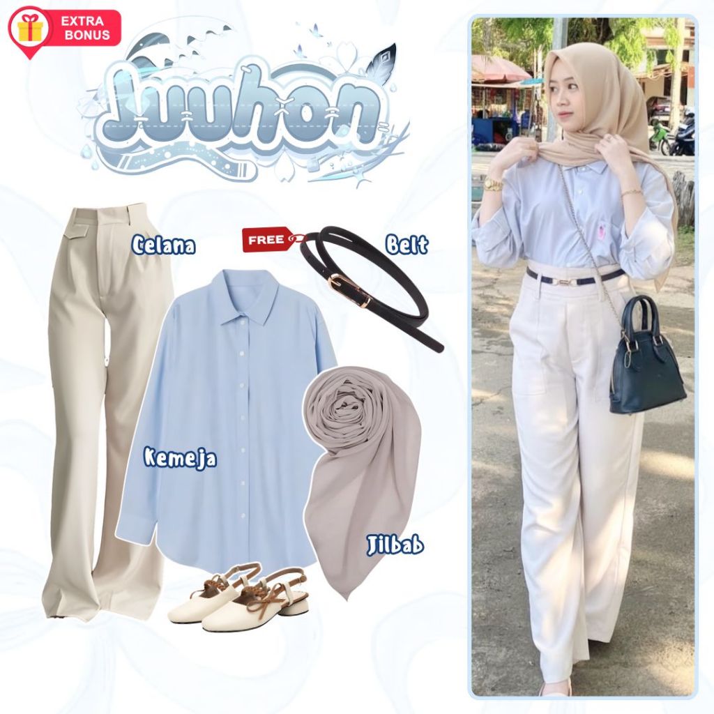 oneset 3in1 Free Belt Kemeja Basic + Celana Kulot + Jilbab Bellasquare | ootd outfit cewek wanita an
