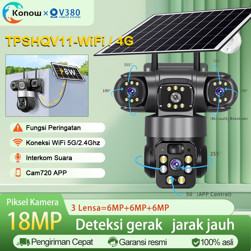 Konow V380 Pro 3 lensa Solar CCTV Camera WiFi/4G SIM 18MP HD Outdoor PTZ Bidirectional voice Alarm i
