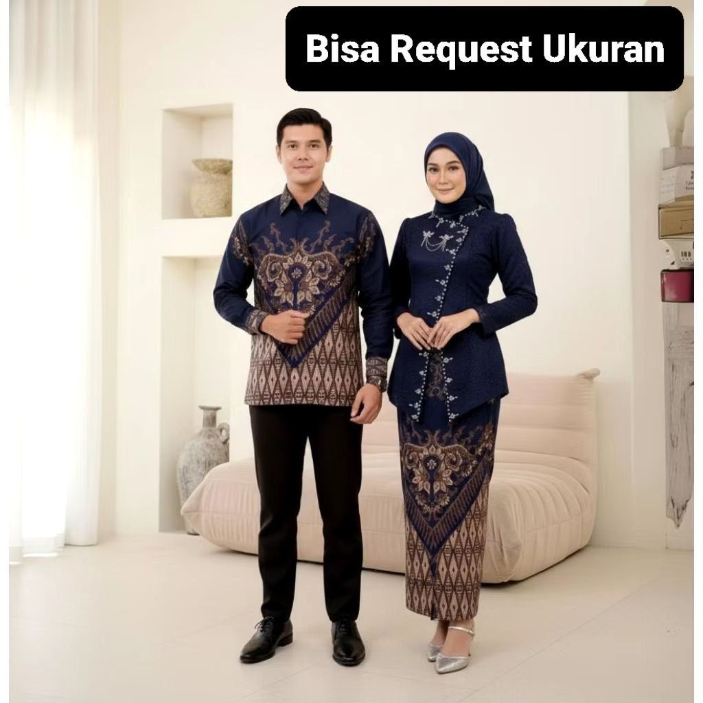 SET KEBAYA JANGGAN POLA NAVY ORI COUPLE KEMEJA PREMIUM CUSTOM ANAK & JUMBO / BAJU SETELAN SERAGAM BA