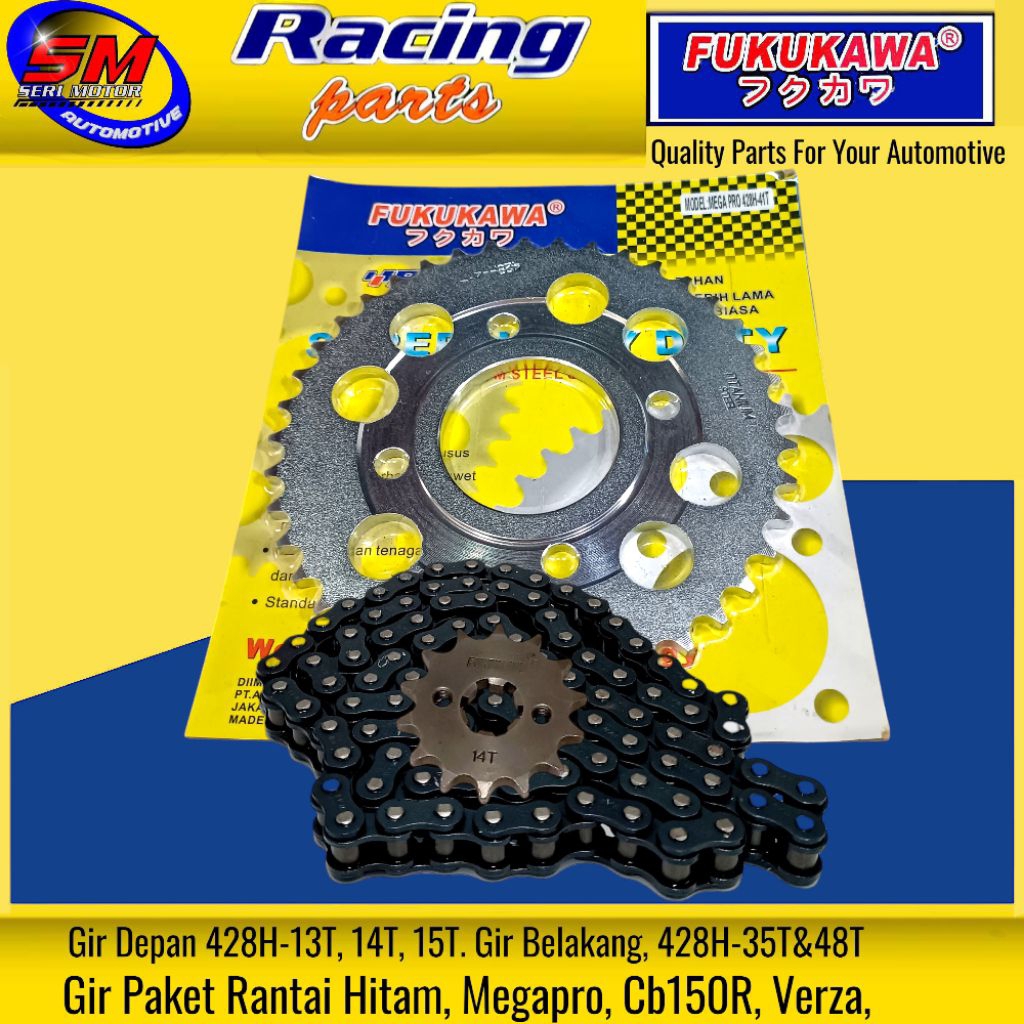 Gear Set Paket Racing (Rantai Hitam) megapro, Cbr150R, Verza, Cb 150R Fukukawa 428H-35&48T, 13&15T