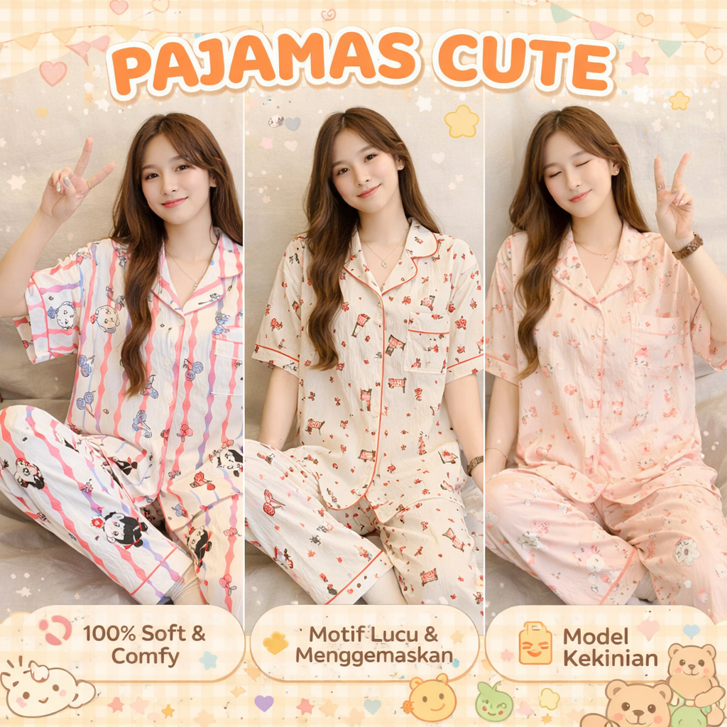 GRAKY Sleepwear Piyama Tidur Set Lengan Pendek Piyama Baju Tidur Couple ET1