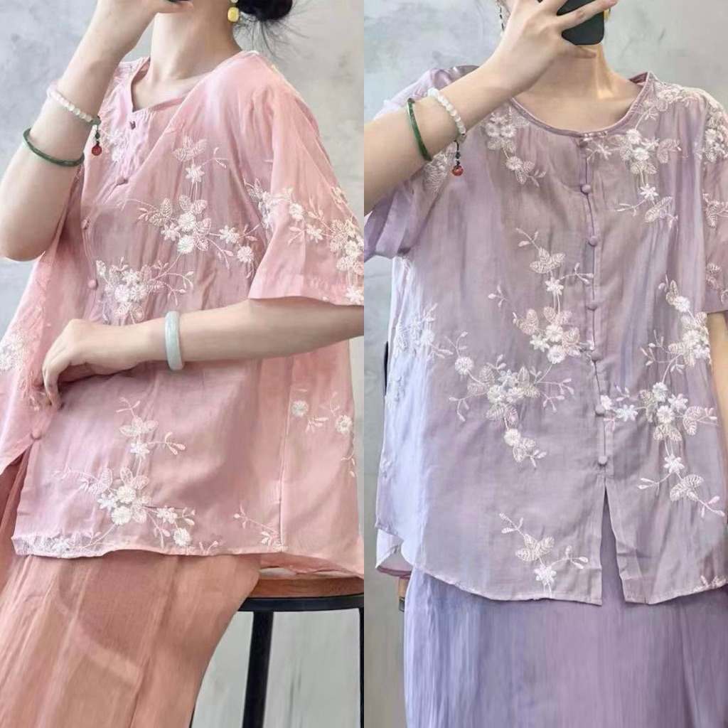 BLUS SATIN SILK UNGU LAVENDER PINK PUTIH OVERSIZE BORDIR BUNGA PUTIH KOREA IMPORT