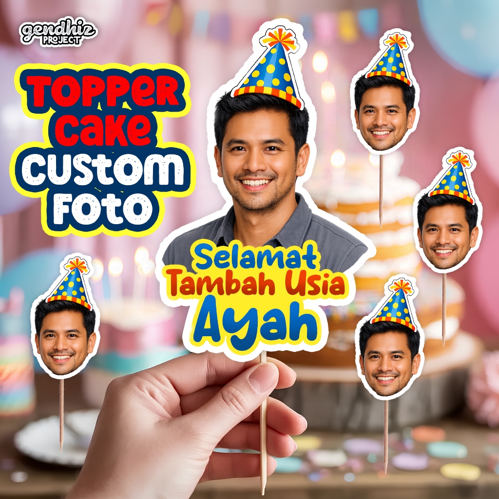 Topper Kue Custom Foto Wajah – Ulang Tahun Ayah | Cake Topper Personal Nama & Foto