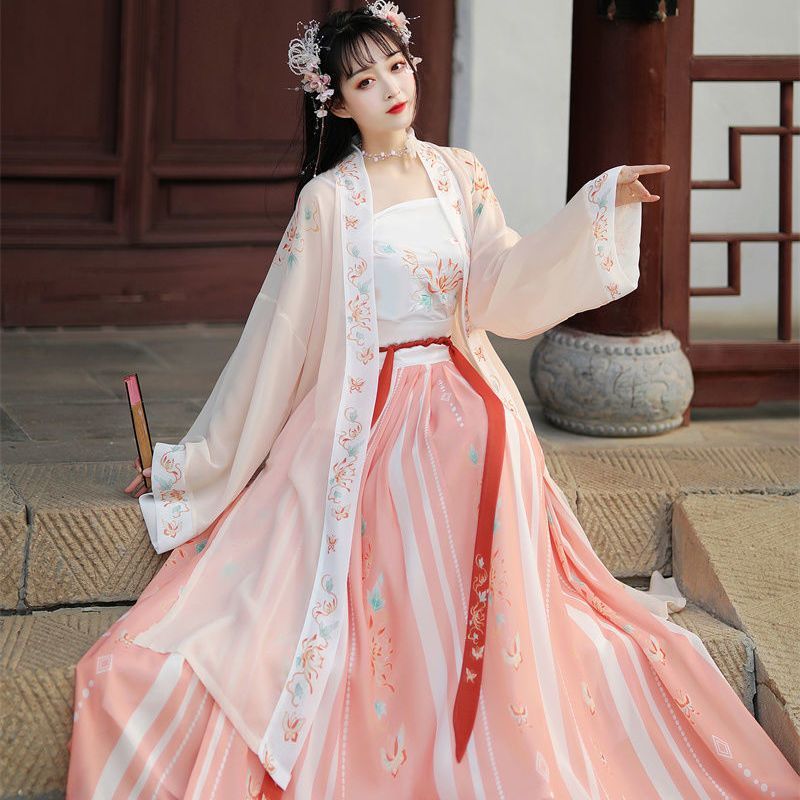 Set Hanfu Wanita Baju Tradisional Cina Bergaya Song Rok Panjang Berlipit Aksesoris Hanfu Murah