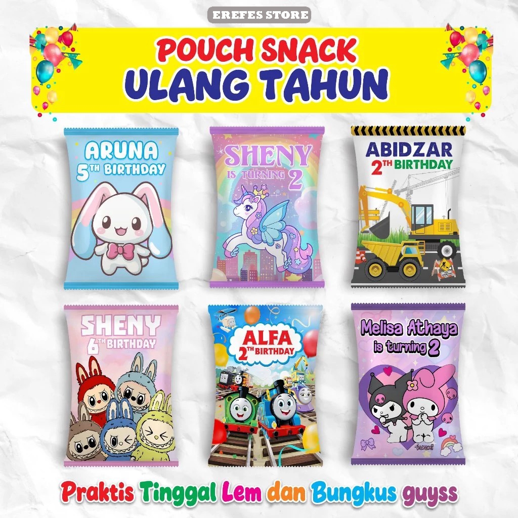 Pouch Snack Jumbo / Kemasan Pouch Snack Ulang Tahun Anak Custom Desain Ukuran Small Medium Dan Large