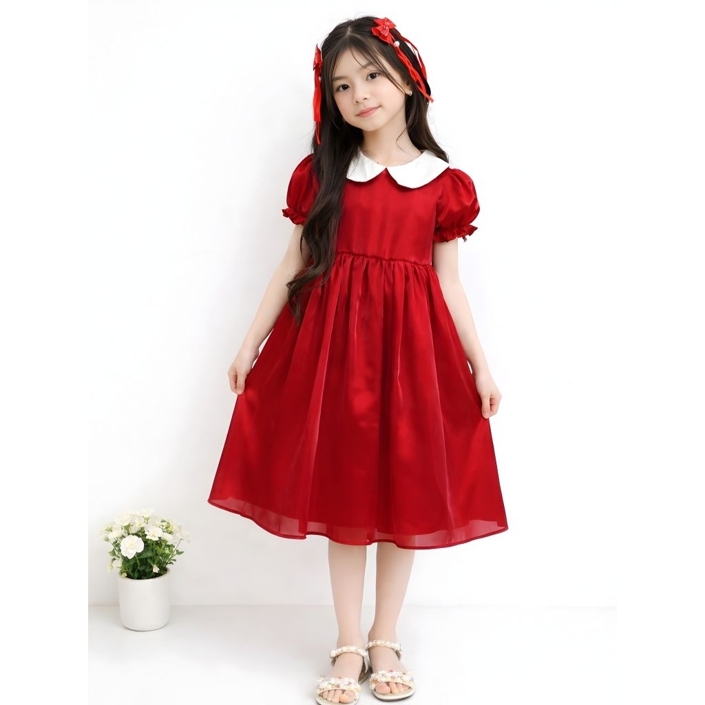 Dress Natal Anak Cewek Warna Merah Usia 6-9 Tahun | Gaun Pesta Anak Lucu Korean Style Dress Bkk alic