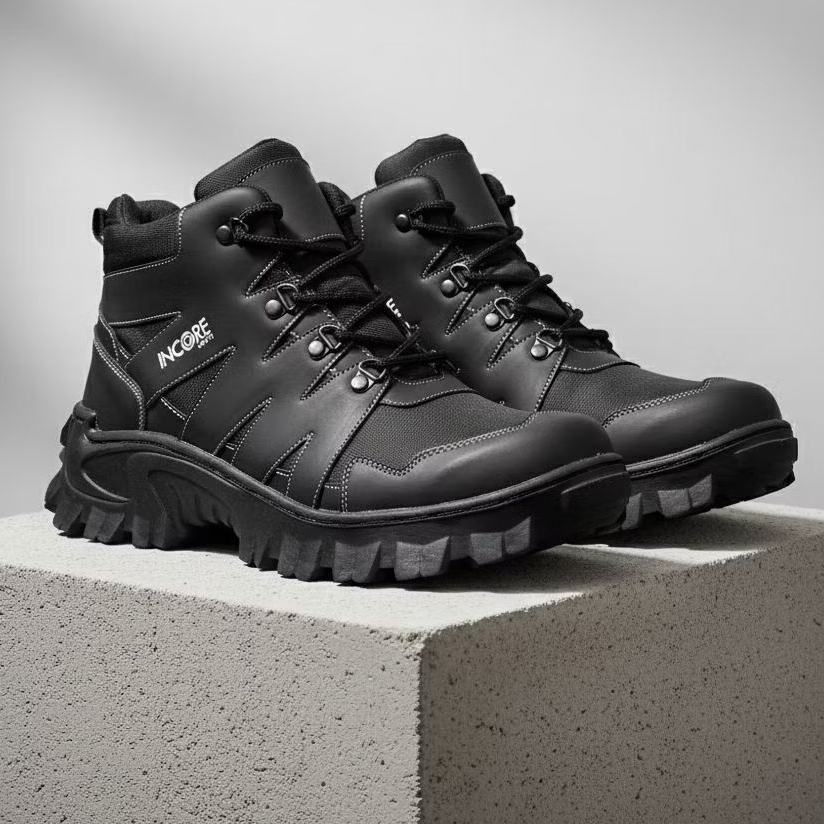 Sepatu Safety Pria Proyek Lapangan dan Outdoor Medan Berat Sol Karet Anti Selip Dijahit Hitam Size 3