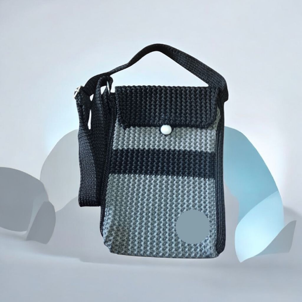 tas rajut hp strip selempang wanita warna hitam abu