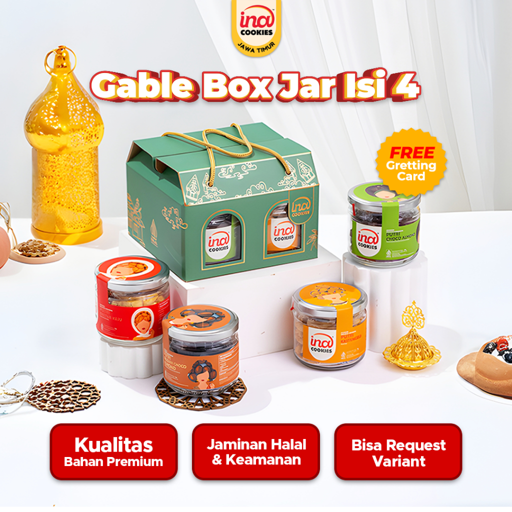 Hampers Lebaran GABLE BOX JAR ISI 4 -  Paket Parcel Idul Fitri 2025 Kue Kering Premium INA COOKIES