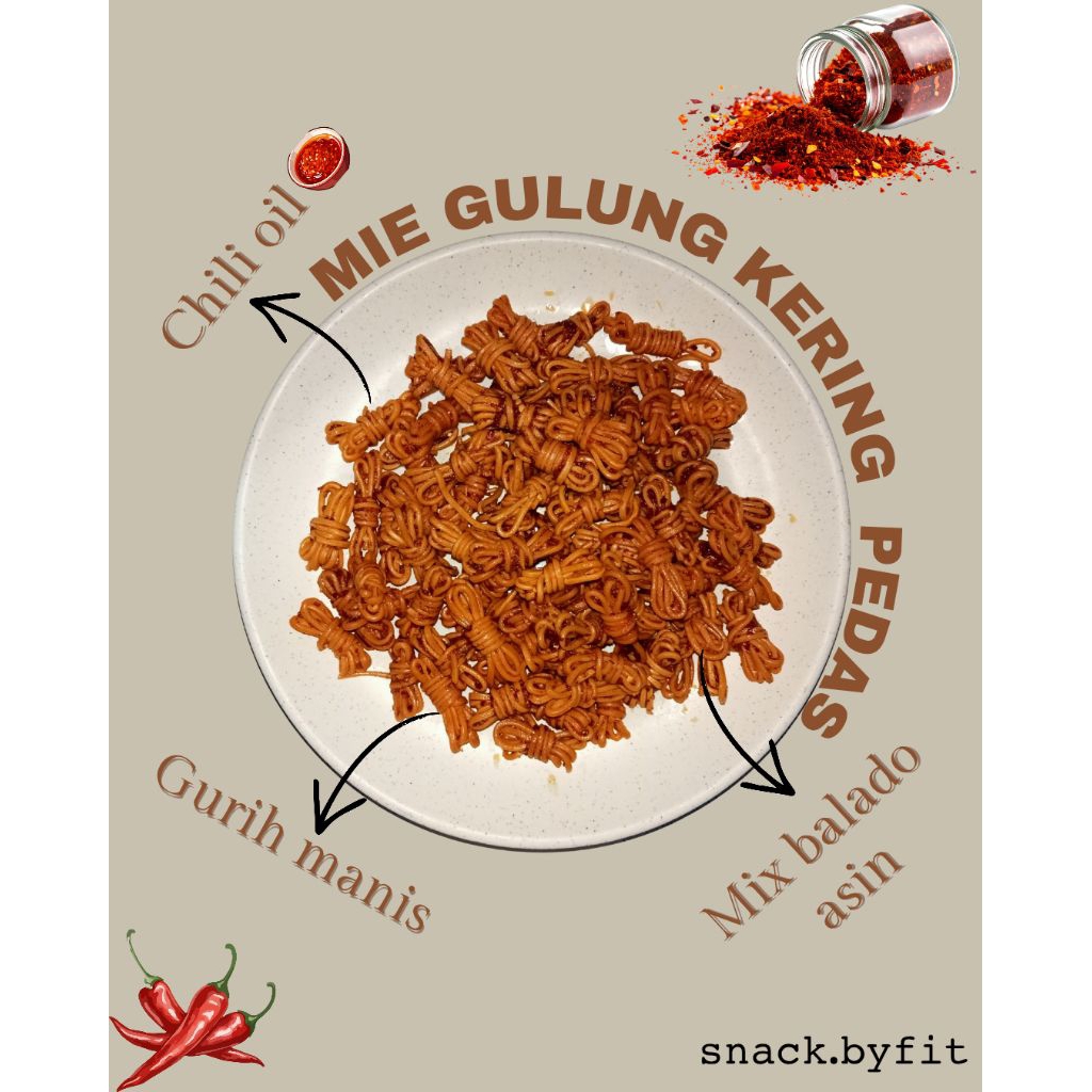 Mie gulung kering PEDAS ukuran kiloan produksi snack.byfit