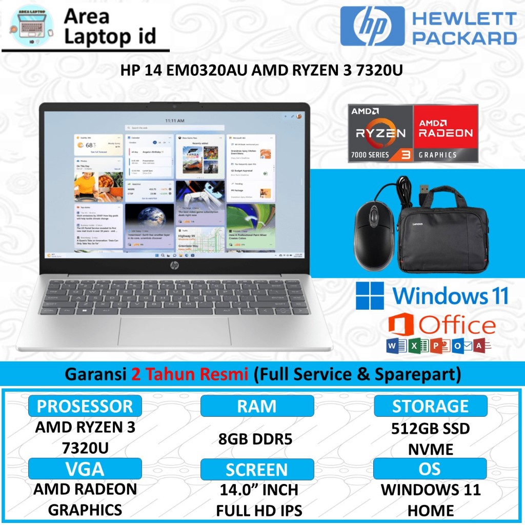 Laptop Baru HP 14 EM0320AU AMD Ryzen 3 7320U 8GB DDR5 512GB 14.0 FHD CAM 1080P BL WIN11HOME
