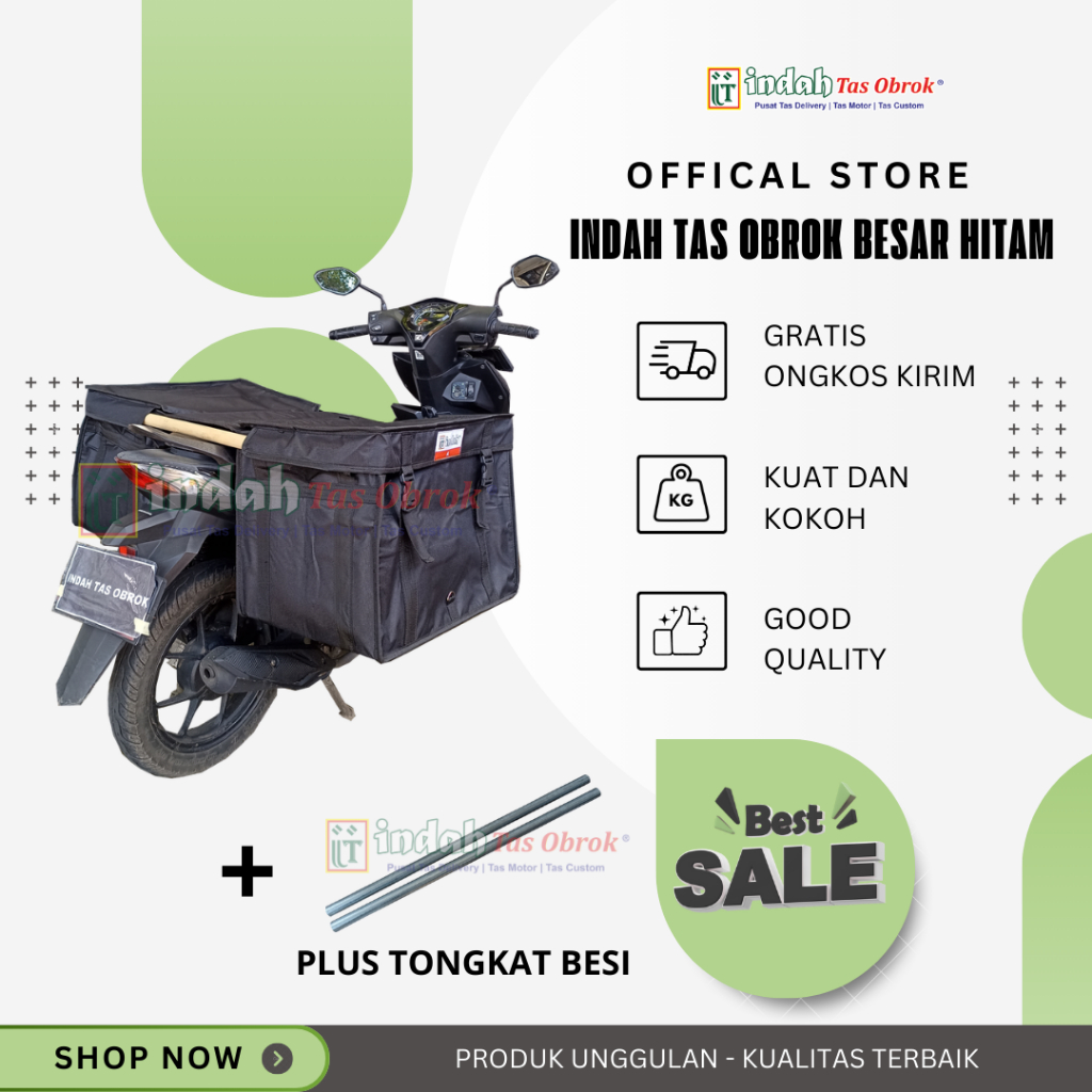 INDAH Tas Obrok - [PAKET HEMAT] Tas Keranjang Motor Besar Hitam Kuat + Tongkat Besi