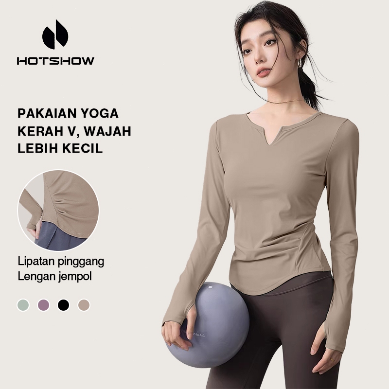 Ready Baju Atasan Olahraga Wanita - Kaos Lengan Panjang Leher V, Polos Cepat Kering Import untuk Yog