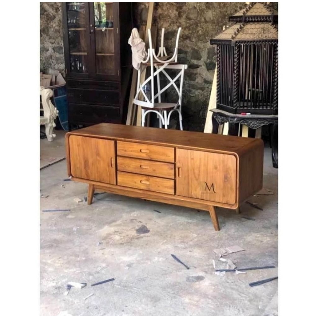 BUFET TV MINIMALIS RETRO KAYU JATI ASLI