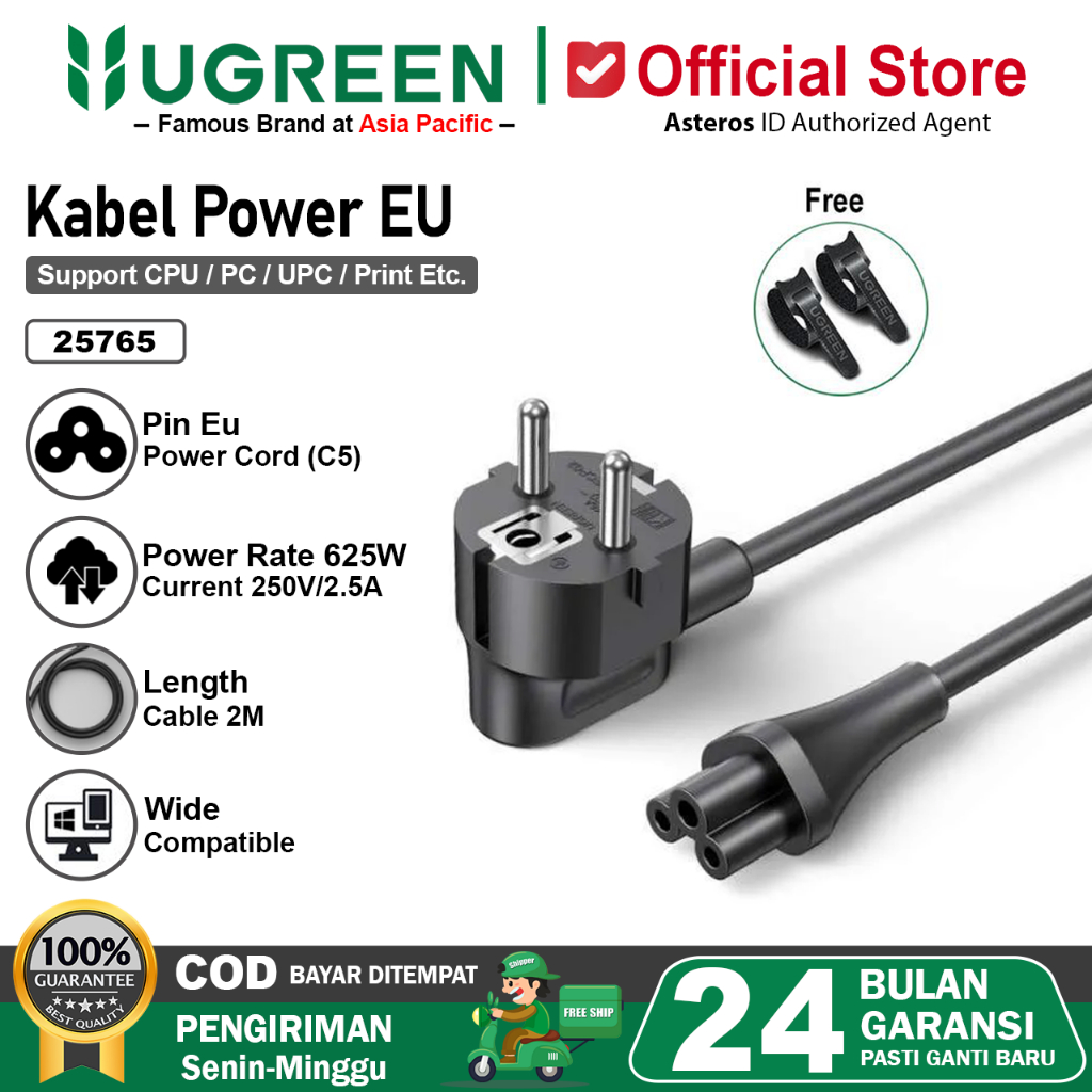 UGREEN Kabel Power Adaptor Charger 3 Lubang Laptop Komputer 625w Max