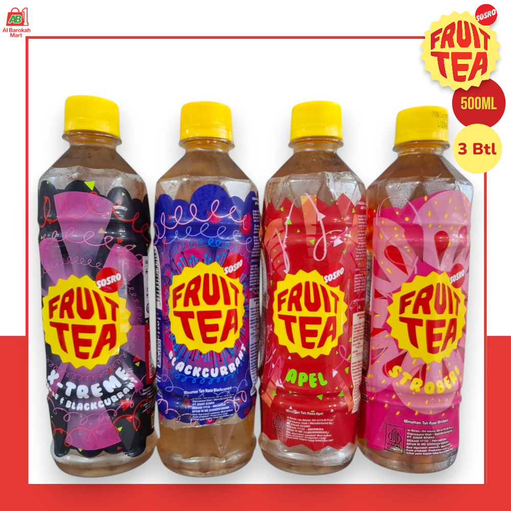 Fruit Tea Sosro 500ml Paket 3 Botol Original | Minuman Teh Rasa Buah Segar (Apel / Stroberi / Blackc