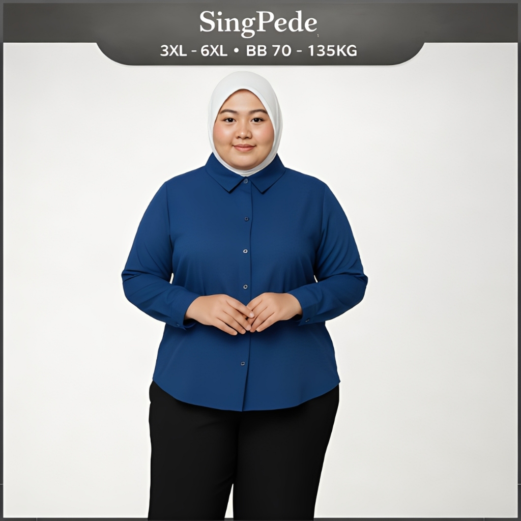 Kemeja Wanita Jumbo LD 120 130 140 150 Hem Lengan Panjang Baju Kerja Kantor Navy Polos