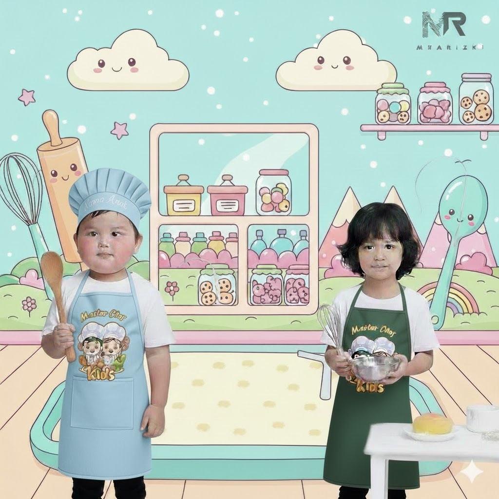 Apron anak custom nama  Topi koki anak custom nama  Celemek anak custom nama  Set apron dan topi kok