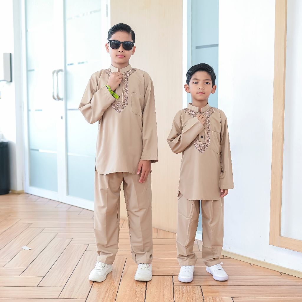Setelan Baju Koko Anak Laki-Laki Aplikasi warna Bordir Katun micro Lengan Panjang Muslim