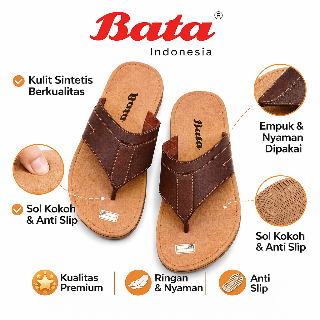 Sandal Jepit Pria Bata Cokelat/Hitam - Sandal Jepit Kasual Pria Original