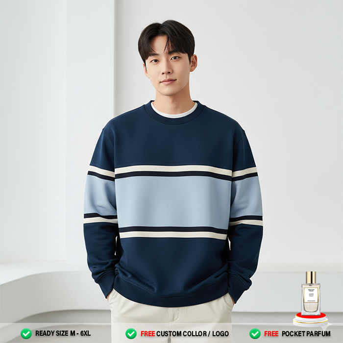 Sweater Pria Wanita ( NAVI BABY BLUE PUTIH ) Stripe Crewneck | Sweater Polos Casual Lengan Panjang P