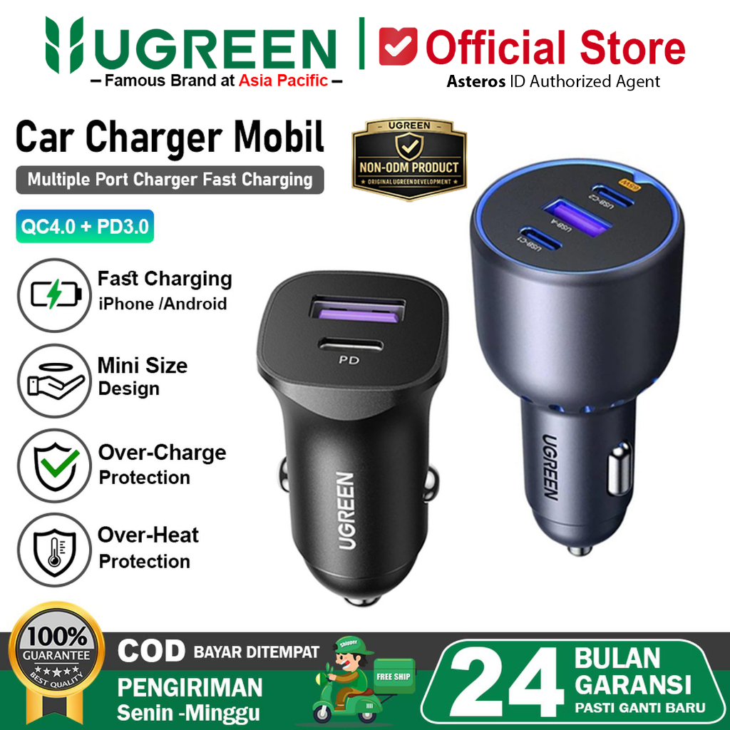 UGREEN Car Charger Mobil PD Type C Fast Charging 20w 30w For iPhone Samsung Xiaomi Oppo Vivo