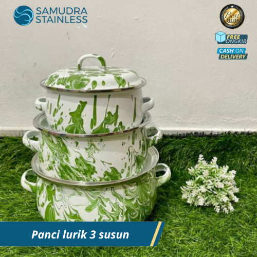 PROMO BUNDLING Panci Enamel Blirik 3 Susun Pakai Tutup Lurik Panci Set Blirik Enamel 3 Susun Jadul T