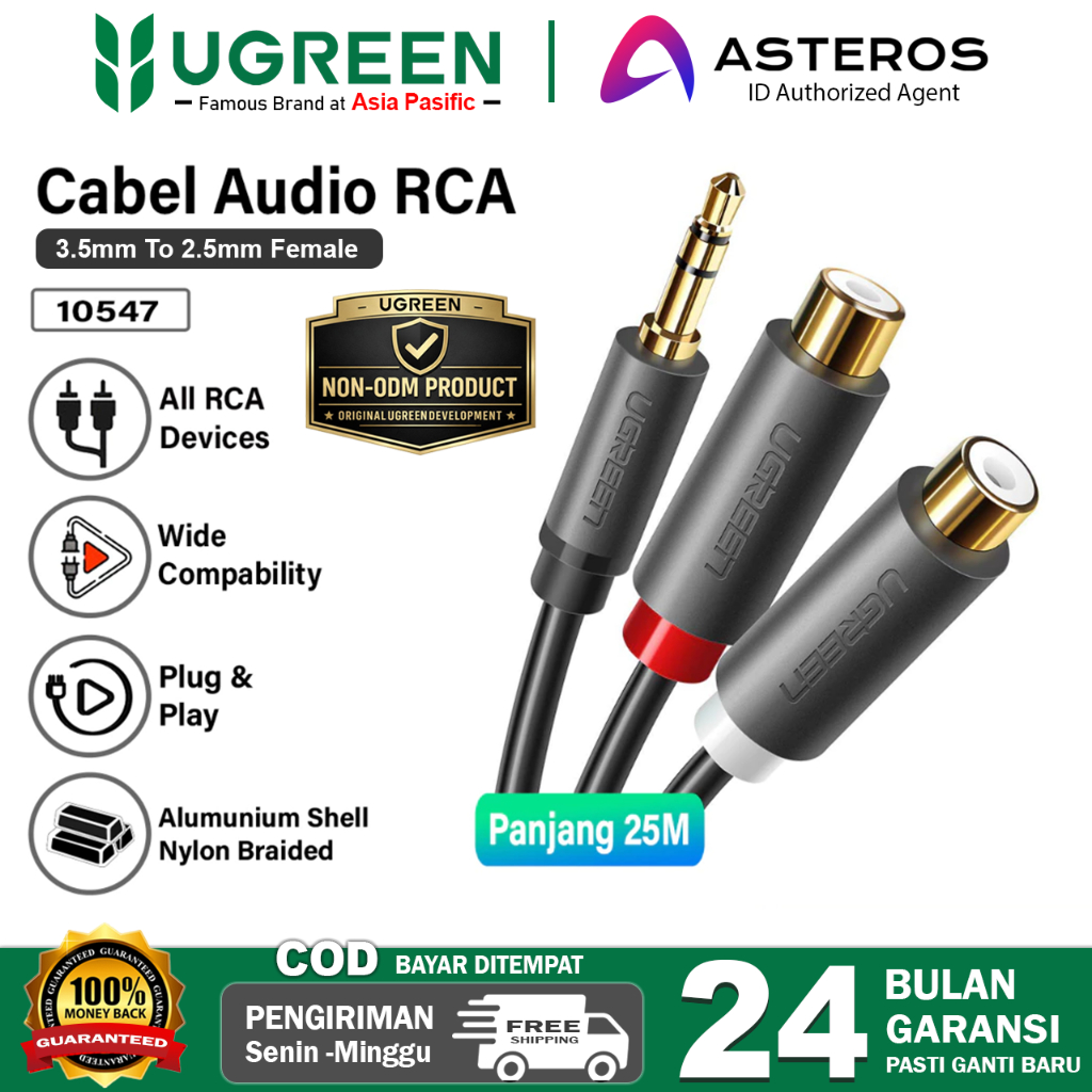 UGREEN Kabel Audio Stereo Jack 3.5mm To 2RCA Female For TV DVD Speaker