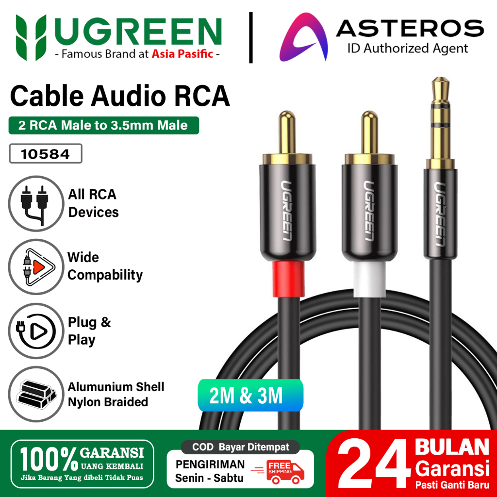 UGREEN Kabel Audio Jack DC 3.5Mm To 2 RCA untuk PC TV Amplifier Speaker