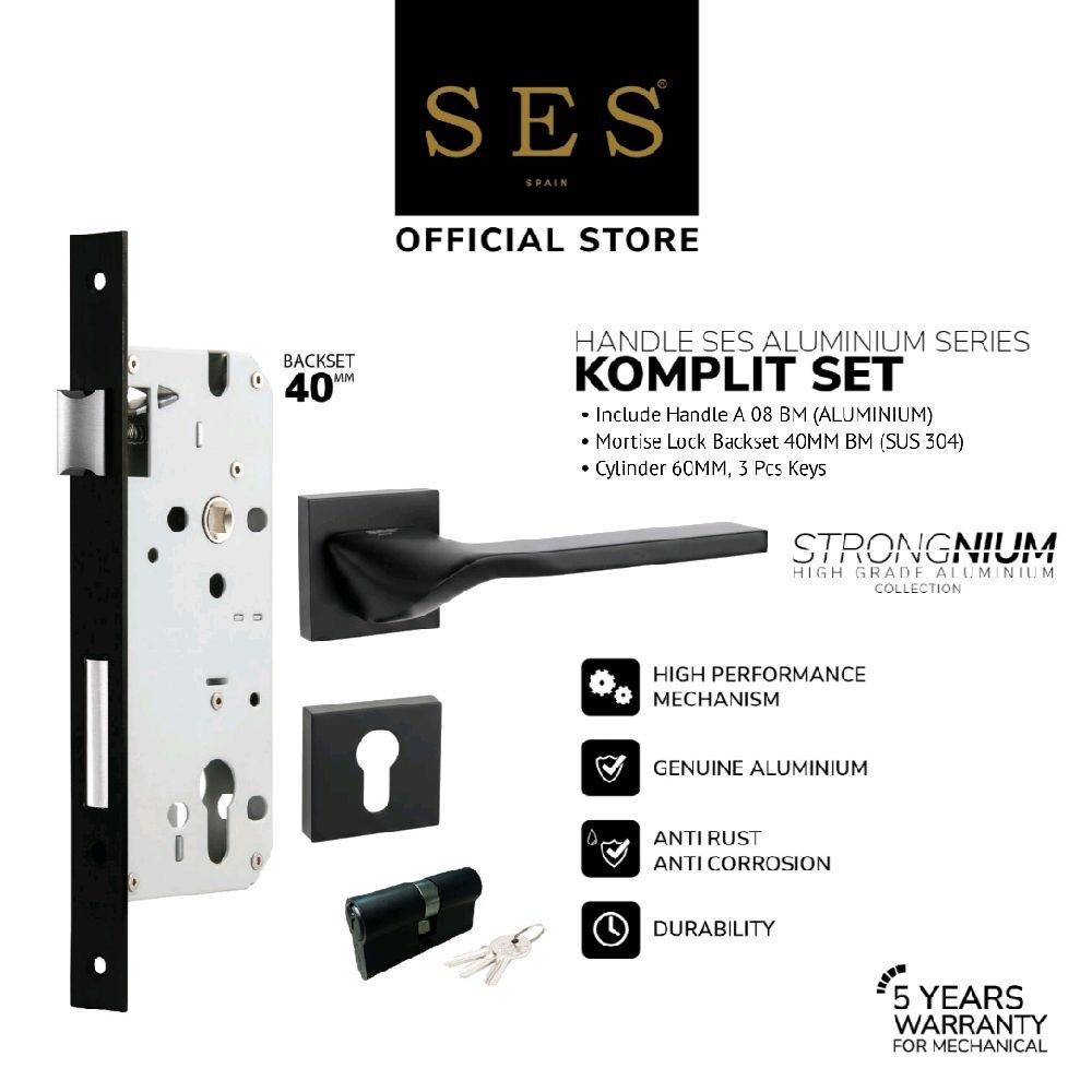 Gagang Pintu Set - Handle Pintu SES Aluminium A08 BM + Body Kunci SES ECO E2030 - 40mm BM