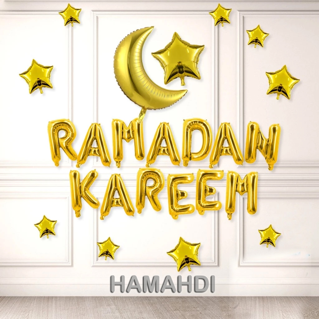 HMD Paket Dekorasi Ramadan Kareem Tirai Warna Hijau Balon Huruf Ramadan Kareem Gold Dan Balon Sabit 