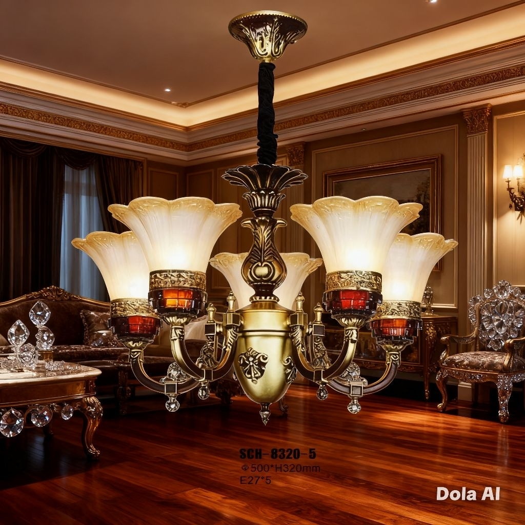 LAMPU GANTUNG HIAS KLASIK RUANG TAMU 5 LAMPU MEWAH