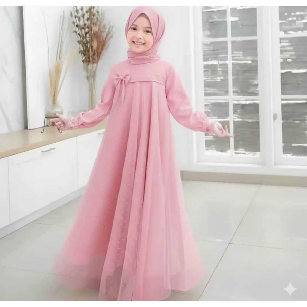 GAMIS ANAK MODEL TERBARU 2026 CRINKLE AIRFLOW MIX TILE DOT USIA 5-13 TAHUN Baju Dress Muslim Brukat 