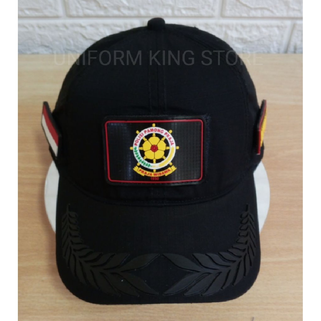 TOPI PAMEN HITAM SATPOL PP 3 PATCH RUBBER - TOPI PAMEN HITAM PATCH RUBBER TEMPELAN PEREKAT KARET LEP