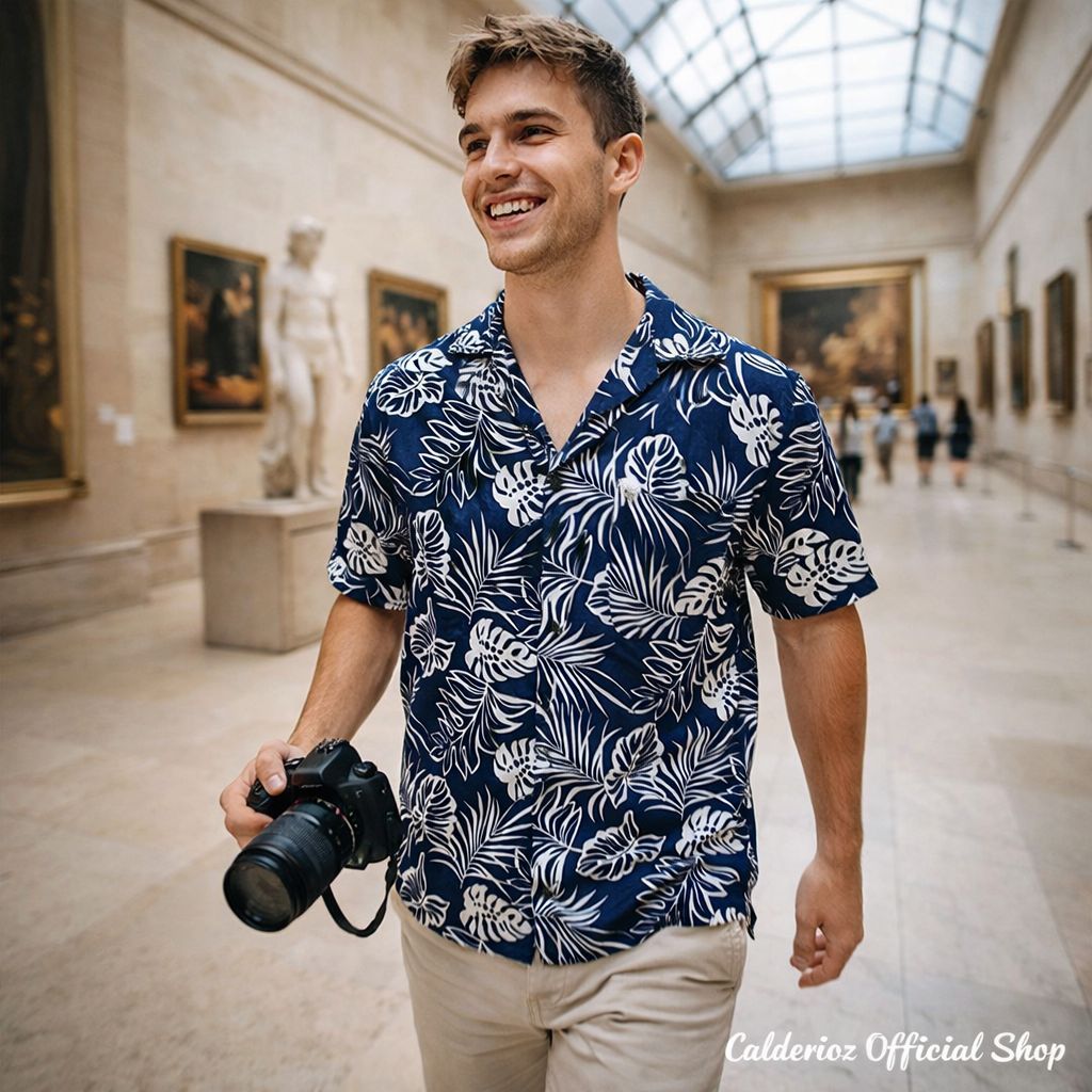 Calderioz - Kemeja Hawaii Tropis Motif Daun Monstera Dasar Navy Lengan Pendek Pria Wanita Oversize