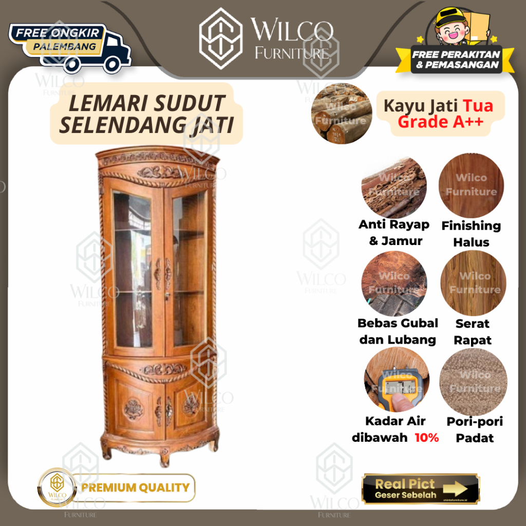 Lemari Hias Sudut Selendang 2 Pintu Jati | Lemari Sudut Jati Tinggi 2 Meter Tatakan Kayu Furniture J
